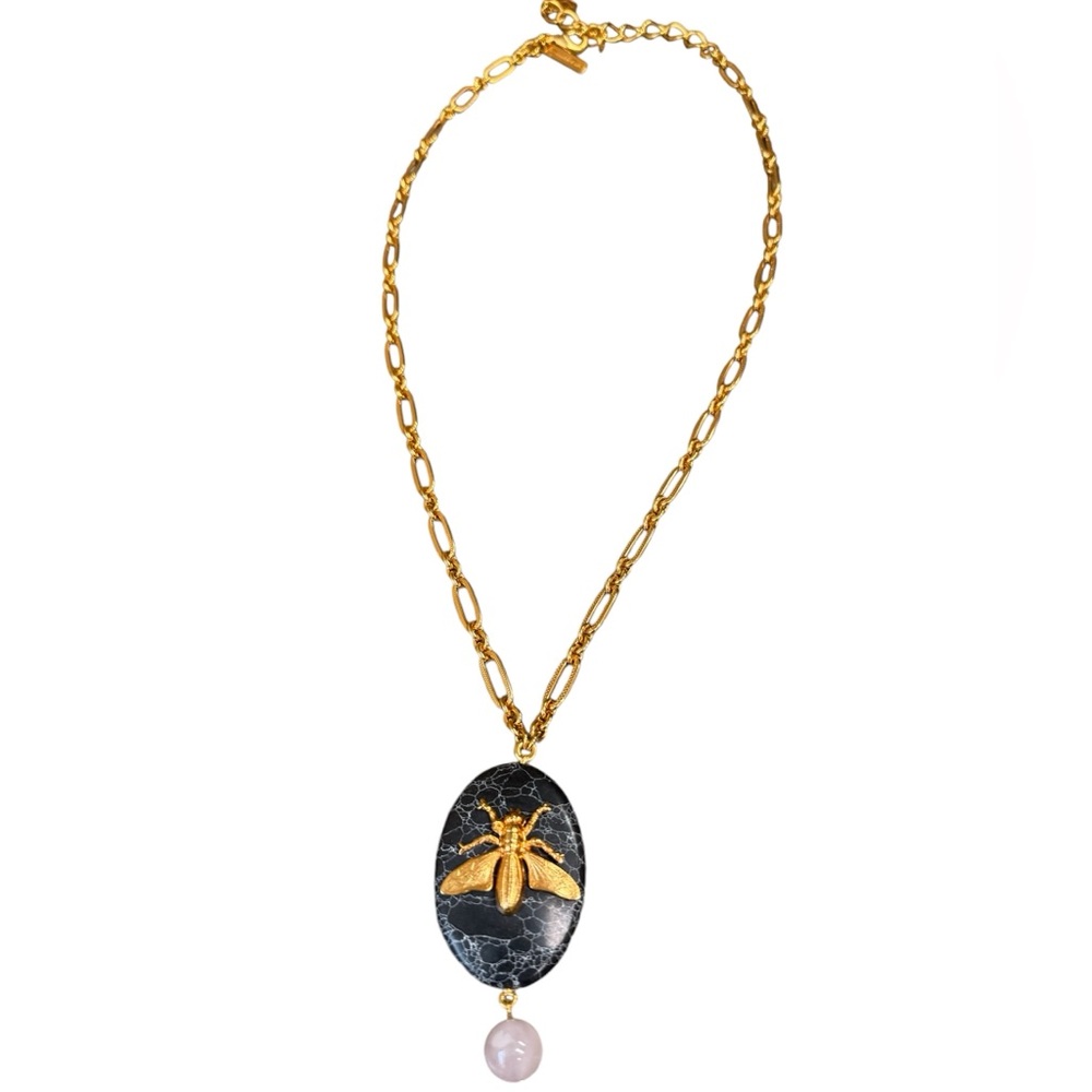 Oscar de la Renta Black oval stone with gold tone fly necklace